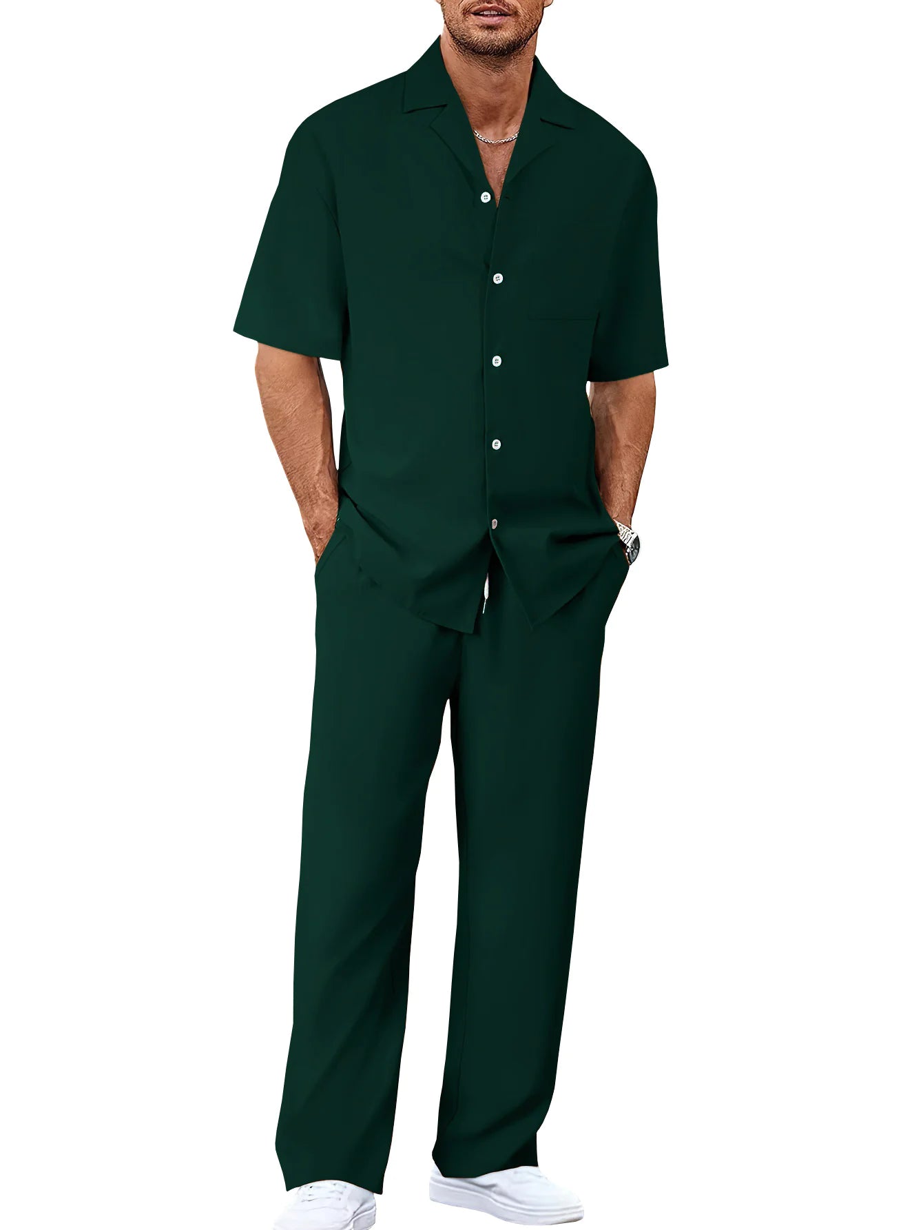 Ergonomic Support Solutions Men's Summer Leisure Suit Set – Short-Sleeved Shirt & Trousers, Loose Fit