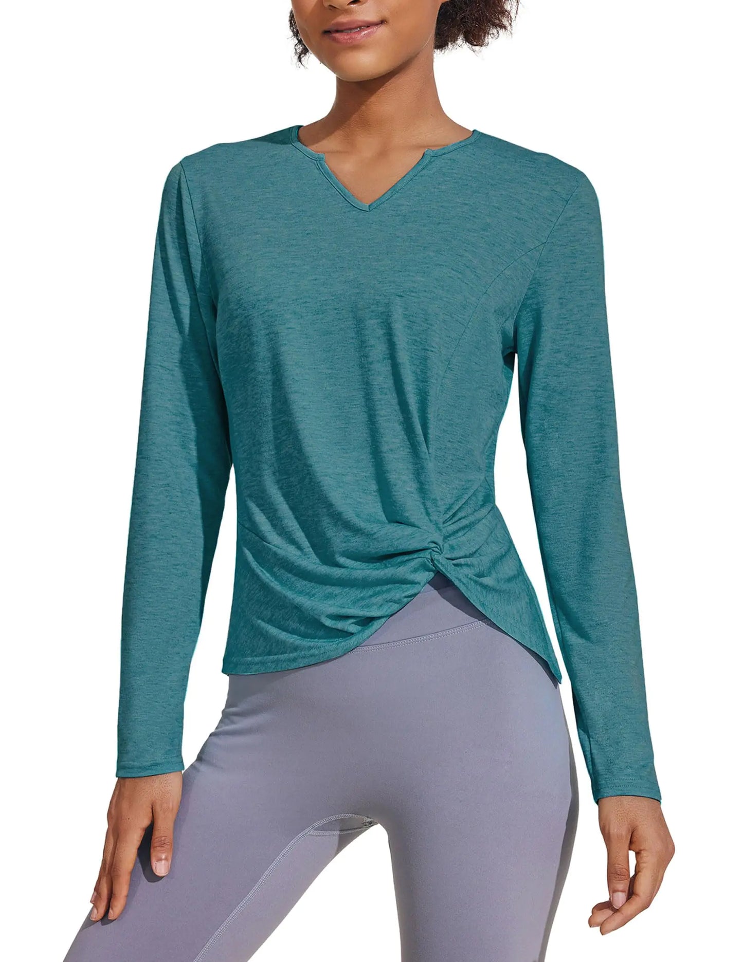 Ergonomic Support Solutions Workout Shirt for Women Long Sleeve Athletic Tops V Neck Twist Front Hiking Shirts Fitted Yoga Top Green Jade Large
