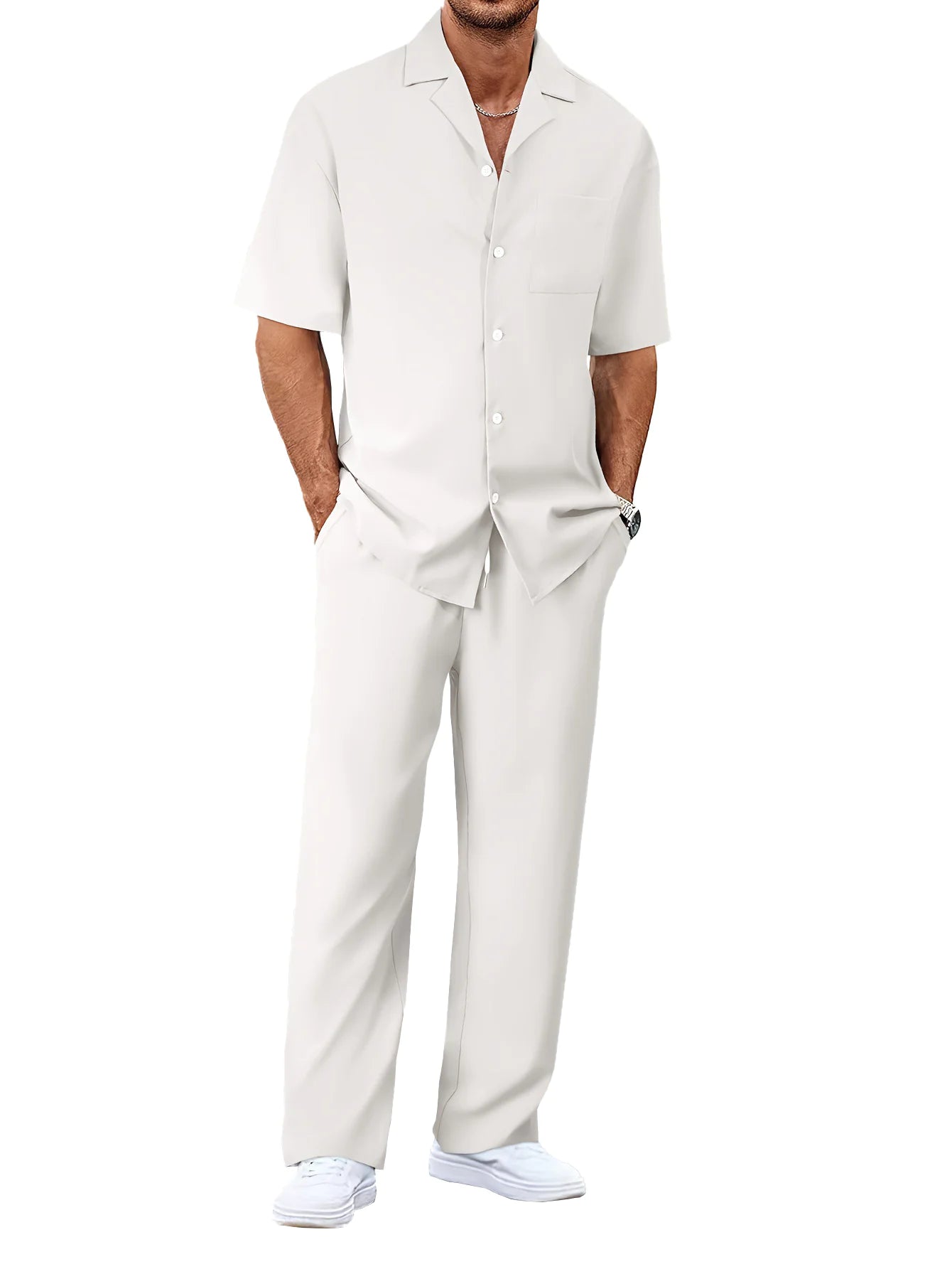 Ergonomic Support Solutions Men's Summer Leisure Suit Set – Short-Sleeved Shirt & Trousers, Loose Fit