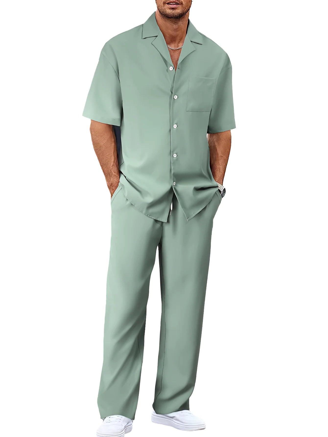 Ergonomic Support Solutions Men's Summer Leisure Suit Set – Short-Sleeved Shirt & Trousers, Loose Fit