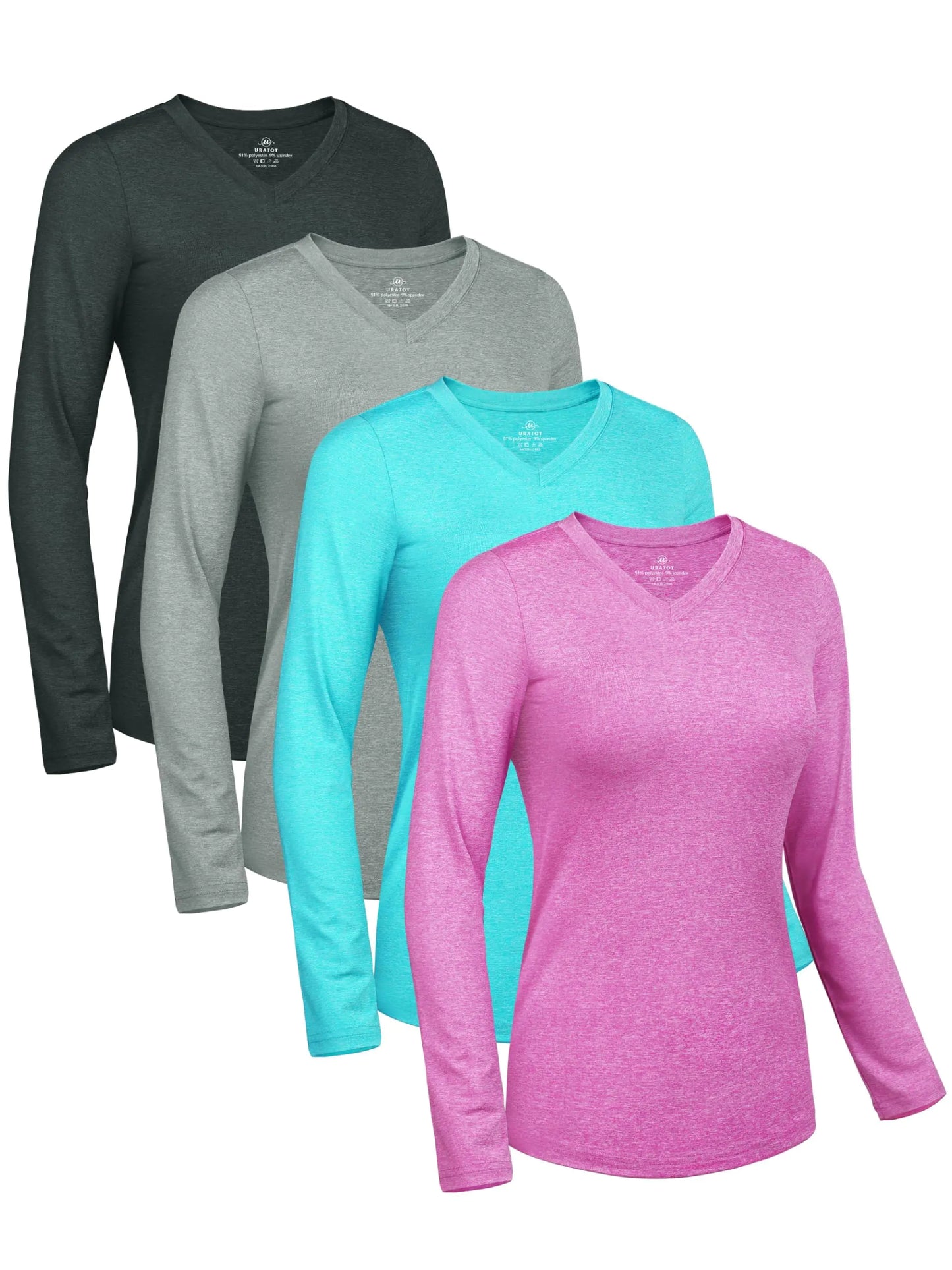 Ergonomic Support Solutions Womens Dry-Fit Shirts Long-Sleeve Tops V-Neck Athletic Workout Shirt Stretch Moisture Wicking Running Sports Top (Set of 4)