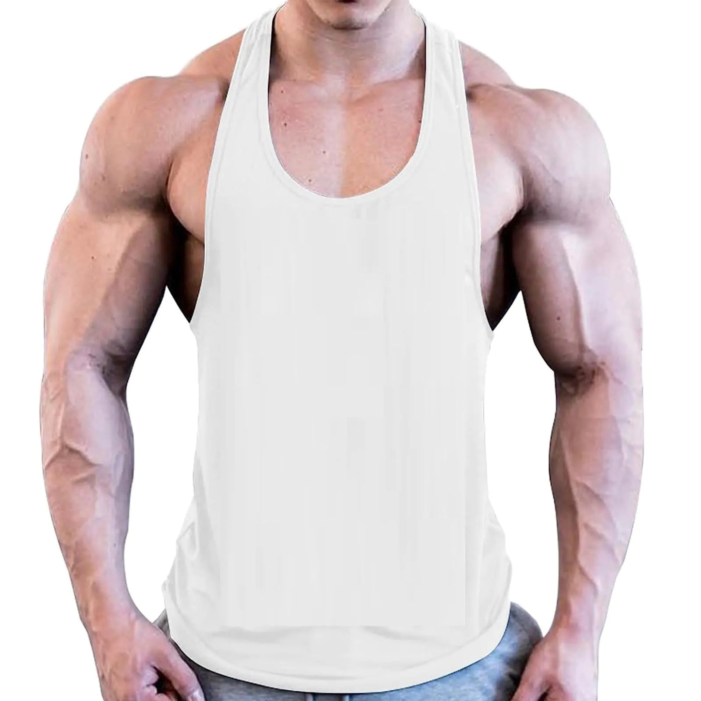 Ergonomic Support Solutions Men’s Stringer Tank Tops Y-Back Bodybuilding Muscle Cut T-Shirts Gym Fitness Tee Shirts(White-M)