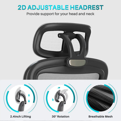 Ergonomic Support Solutions - Black Swivel Office Chair High Back Comfortable Mesh Seat Headrest Adjustable Lumbar Support Wheels Executive Chair