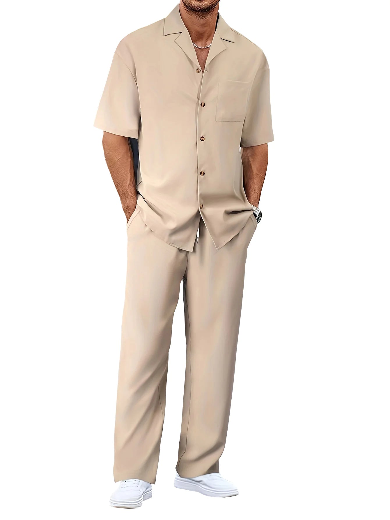 Ergonomic Support Solutions Men's Summer Leisure Suit Set – Short-Sleeved Shirt & Trousers, Loose Fit