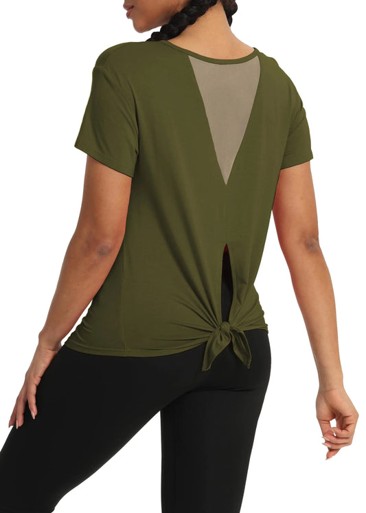 Ergonomic Support Solutions Womens Workout Shirt Athleisure Pilates Athletic Tops Mesh Back Yoga Gym Shirts Tie Back Workout Tops for Women Army Green M