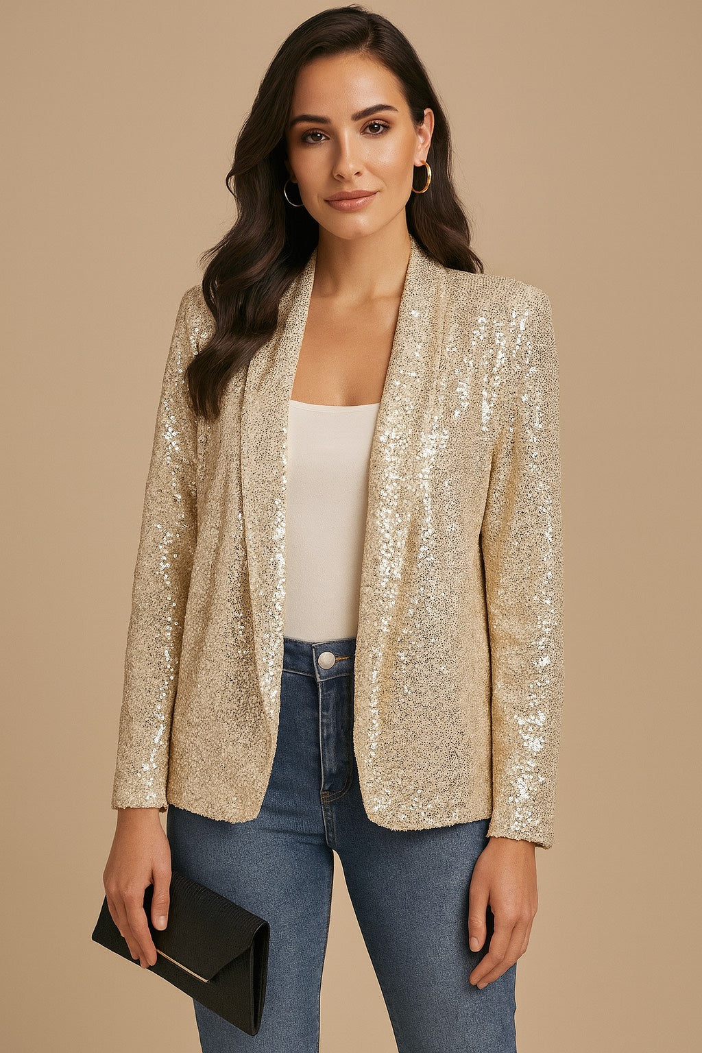 Champagne Sparkle Sequin Blazer™ – Women’s Open Front