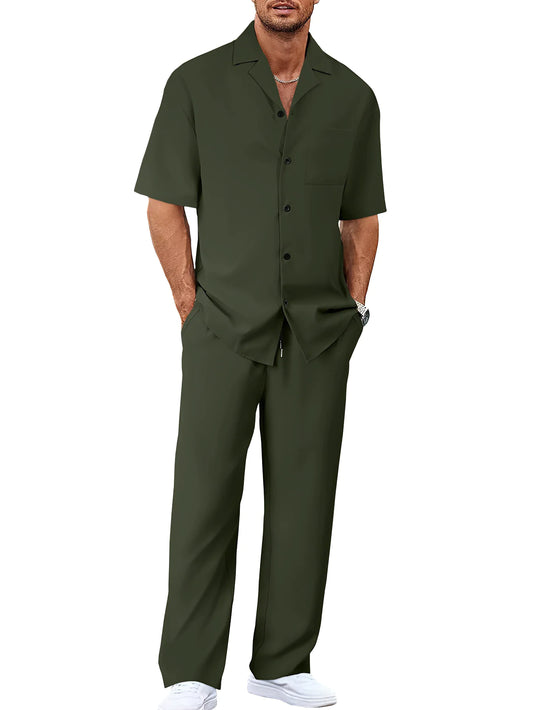 Ergonomic Support Solutions Men's Summer Leisure Suit Set – Short-Sleeved Shirt & Trousers, Loose Fit