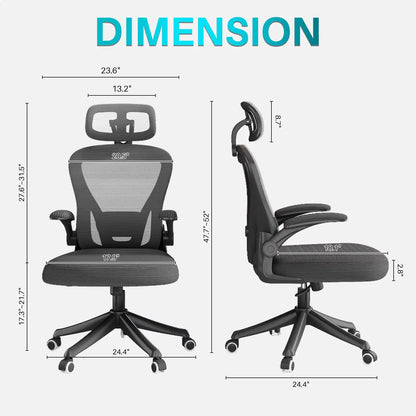 Ergonomic Support Solutions - Black Swivel Office Chair High Back Comfortable Mesh Seat Headrest Adjustable Lumbar Support Wheels Executive Chair