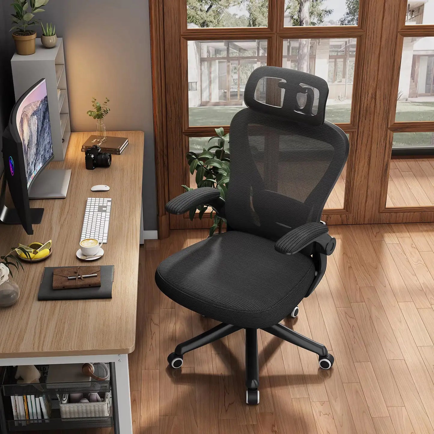 Ergonomic Support Solutions - Black Swivel Office Chair High Back Comfortable Mesh Seat Headrest Adjustable Lumbar Support Wheels Executive Chair