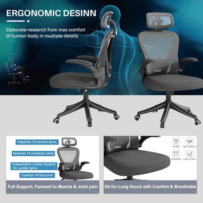 Ergonomic Support Solutions - Black Swivel Office Chair High Back Comfortable Mesh Seat Headrest Adjustable Lumbar Support Wheels Executive Chair