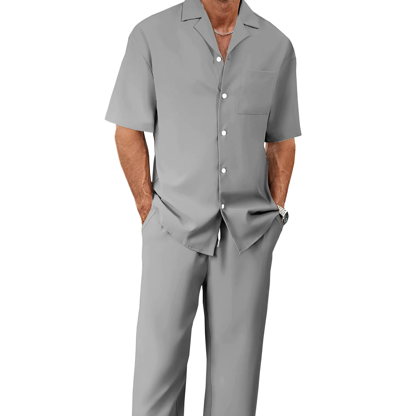 Ergonomic Support Solutions Men's Summer Leisure Suit Set – Short-Sleeved Shirt & Trousers, Loose Fit