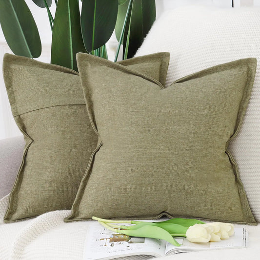 Ergonomic Support Solutions - Set of 2 Linen Throw Pillow Covers with Broad Edge Soft Boho Decorative Pillow Cases for Sofa Bedroom Modern Pillow Shell 16x16 Inch Moss Green