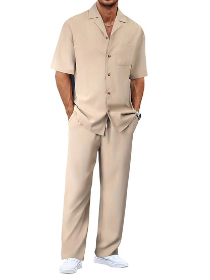 Ergonomic Support Solutions Men's Summer Leisure Suit Set – Short-Sleeved Shirt & Trousers, Loose Fit