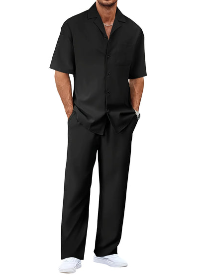 Ergonomic Support Solutions Men's Summer Leisure Suit Set – Short-Sleeved Shirt & Trousers, Loose Fit