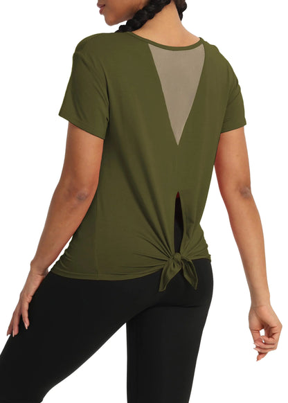 Ergonomic Support Solutions Womens Workout Shirt Athleisure Pilates Athletic Tops Mesh Back Yoga Gym Shirts Tie Back Workout Tops for Women Army Green M