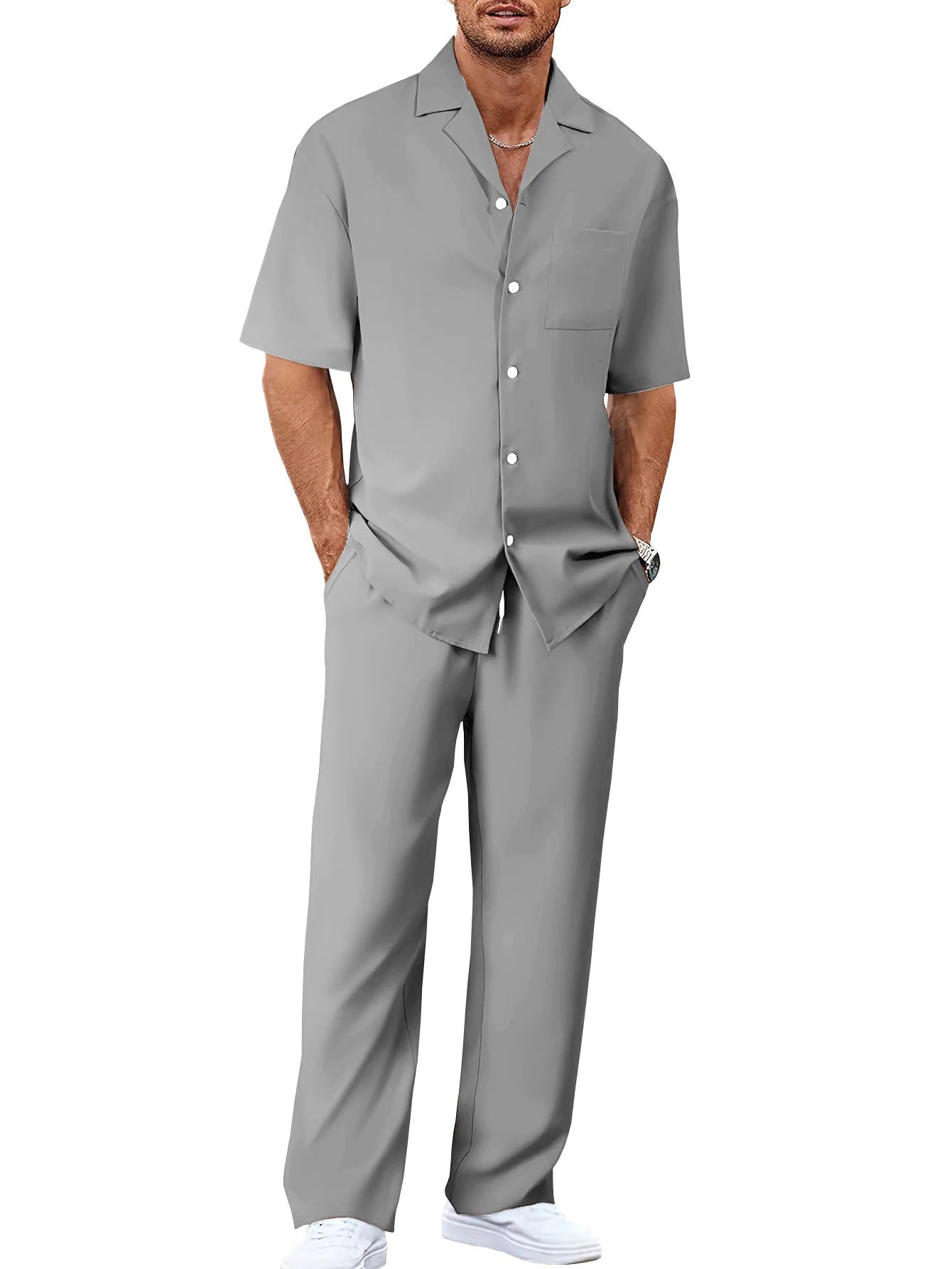 Ergonomic Support Solutions Men's Summer Leisure Suit Set – Short-Sleeved Shirt & Trousers, Loose Fit