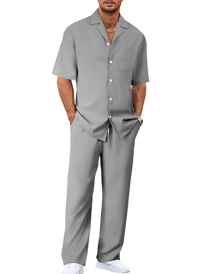 Ergonomic Support Solutions Men's Summer Leisure Suit Set – Short-Sleeved Shirt & Trousers, Loose Fit