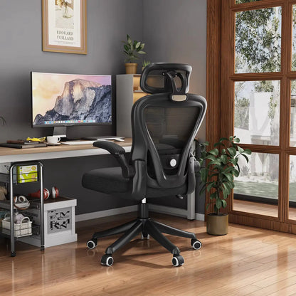 Ergonomic Support Solutions - Black Swivel Office Chair High Back Comfortable Mesh Seat Headrest Adjustable Lumbar Support Wheels Executive Chair