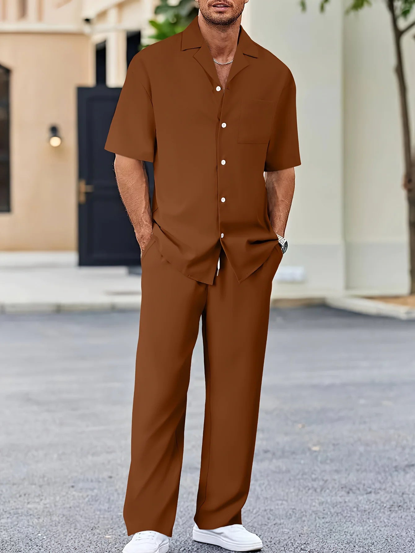 Ergonomic Support Solutions Men's Summer Leisure Suit Set – Short-Sleeved Shirt & Trousers, Loose Fit