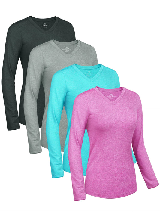 Ergonomic Support Solutions Womens Dry-Fit Shirts Long-Sleeve Tops V-Neck Athletic Workout Shirt Stretch Moisture Wicking Running Sports Top (Set of 4)