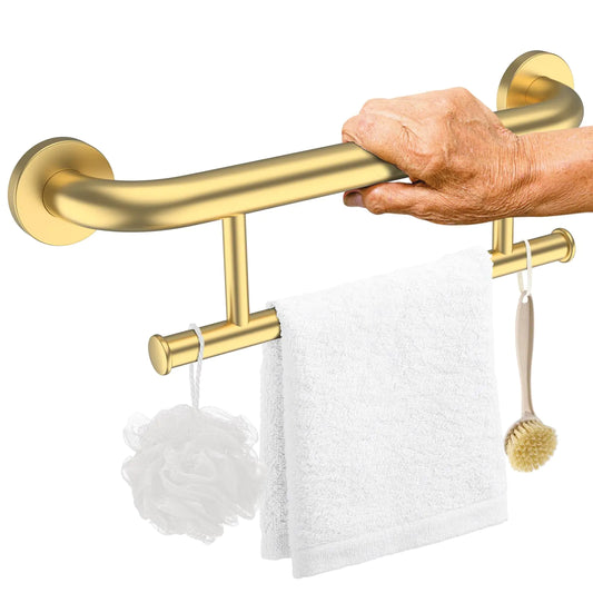 Ergonomic Support Solutions Luxury Gold Towel Holder Grab Bar 17 Inch Stainless Steel Shower Towel Rack Bathroom Balanced Support Handle Wall Mount Safety Handrail Grab Rail for Elderly Senior Handicap Disabled